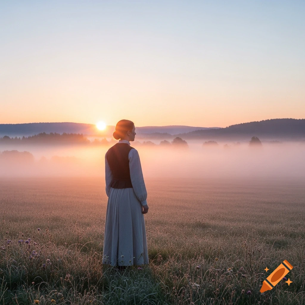 A woman in a long dress stands in a misty field, looking at a golden sunrise over distant hills.