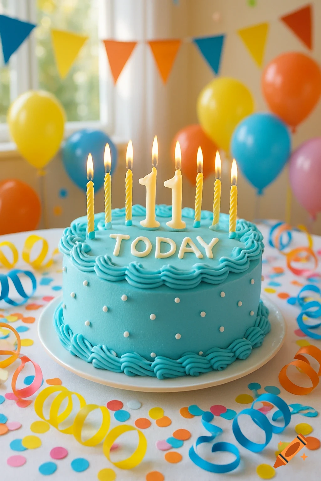 A vibrant birthday cake with "TODAY" written on it, two "1" shaped candles, and other lit candles, surrounded by colorful confetti and balloons at a party.