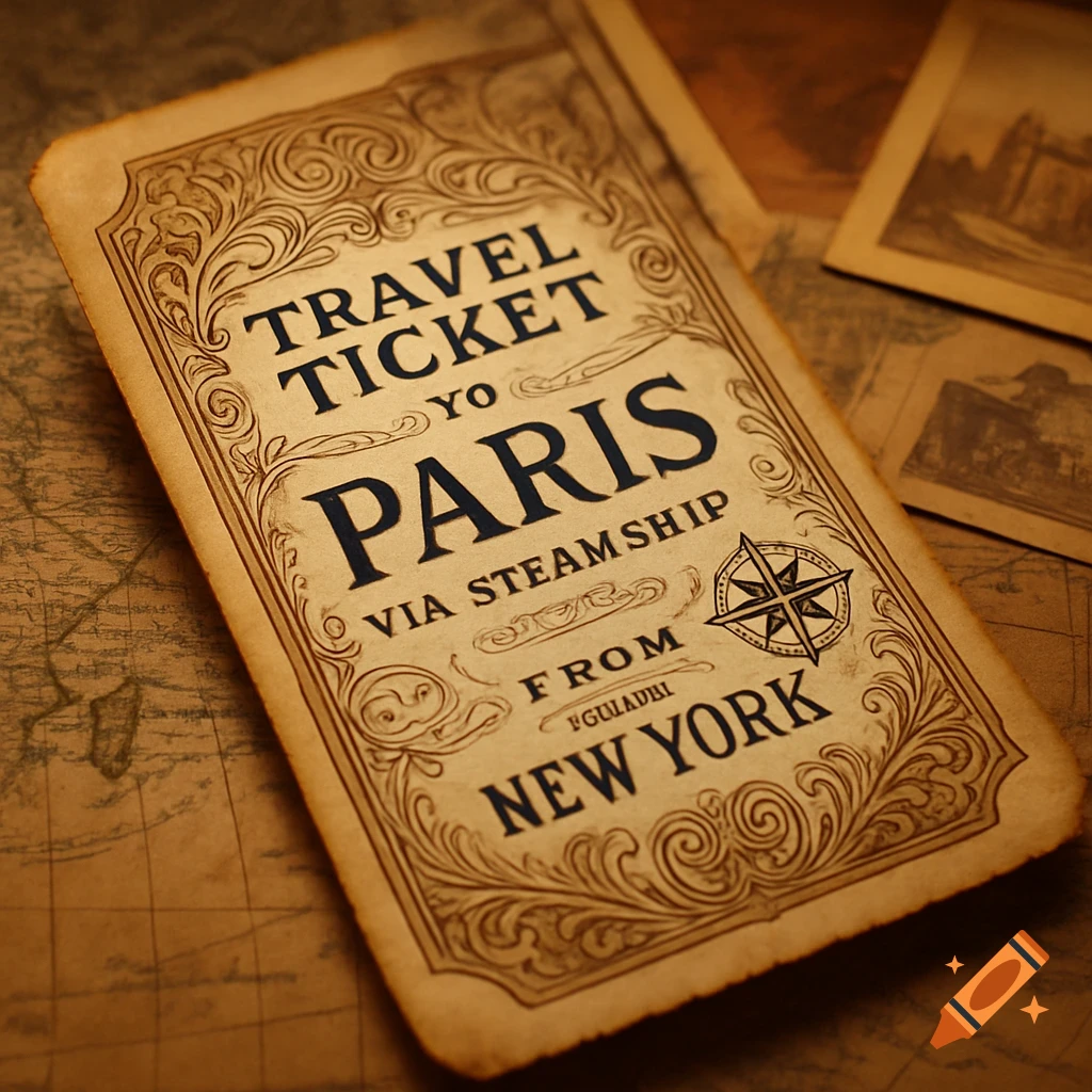 A vintage-style travel ticket to Paris from New York via steamship, featuring a compass rose design, resting on an old map.