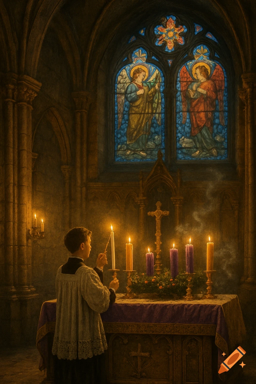 A boy in white robes lights candles on an altar inside a dark church, illuminated by warm candlelight and stained glass windows depicting angels.