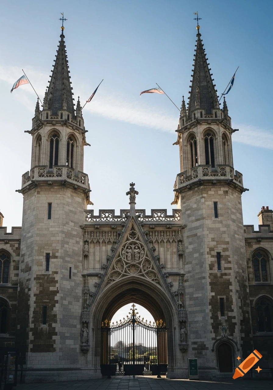 A monumental stone entrance with two tall spired towers under a clear blue sky, featuring a decorative archway and an ornate golden gate.