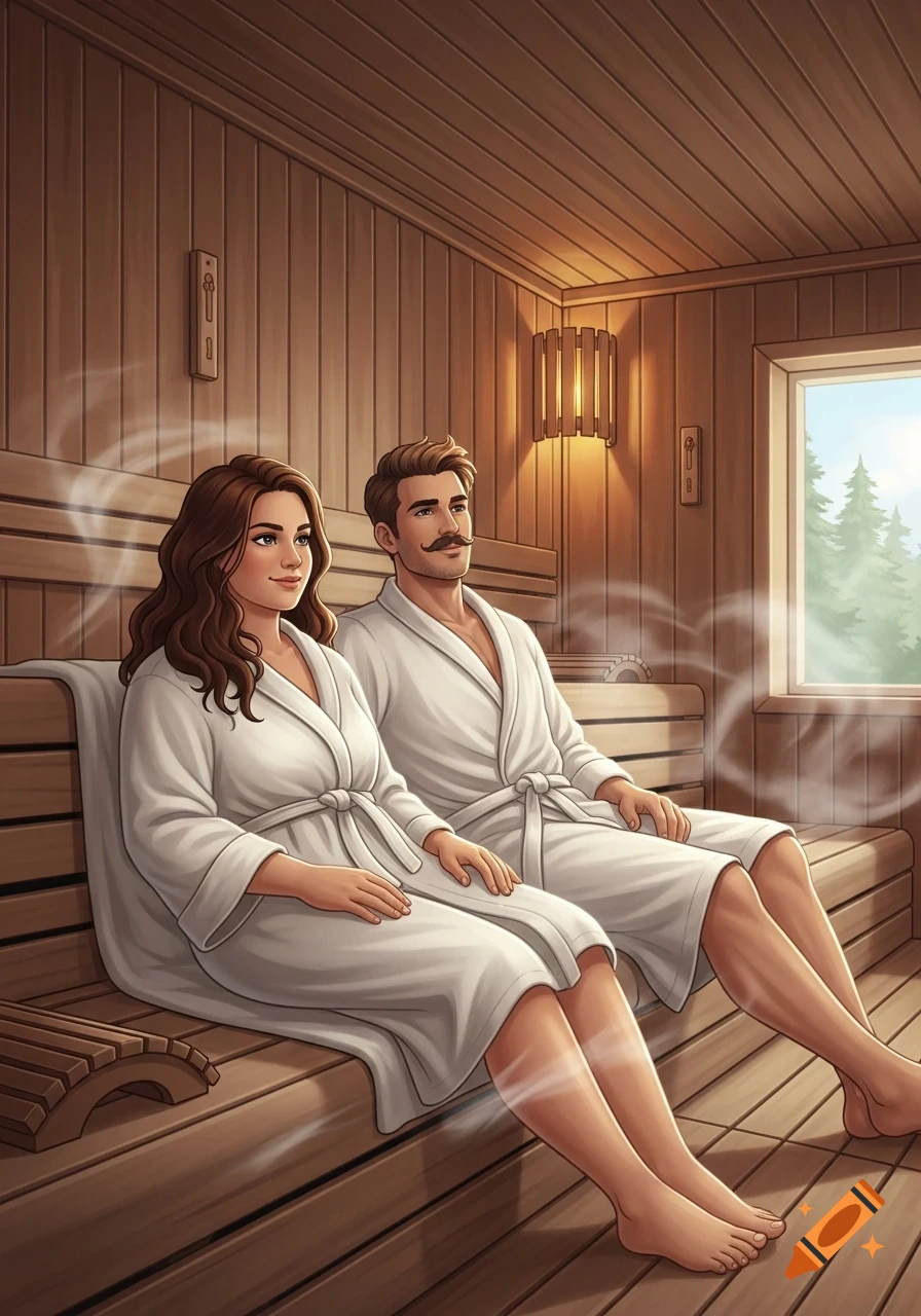 Illustrated man and woman in white bathrobes relaxing in a wooden sauna with steam and a window view.