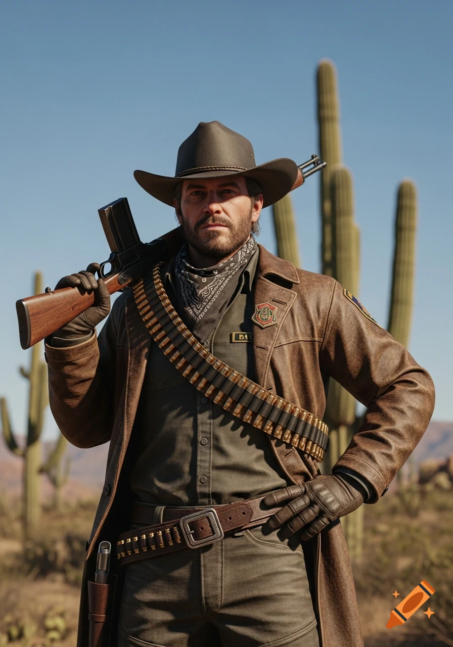 Photorealistic man in a cowboy hat and duster coat, holding a rifle over his shoulder, stands in a desert with saguaro cacti.