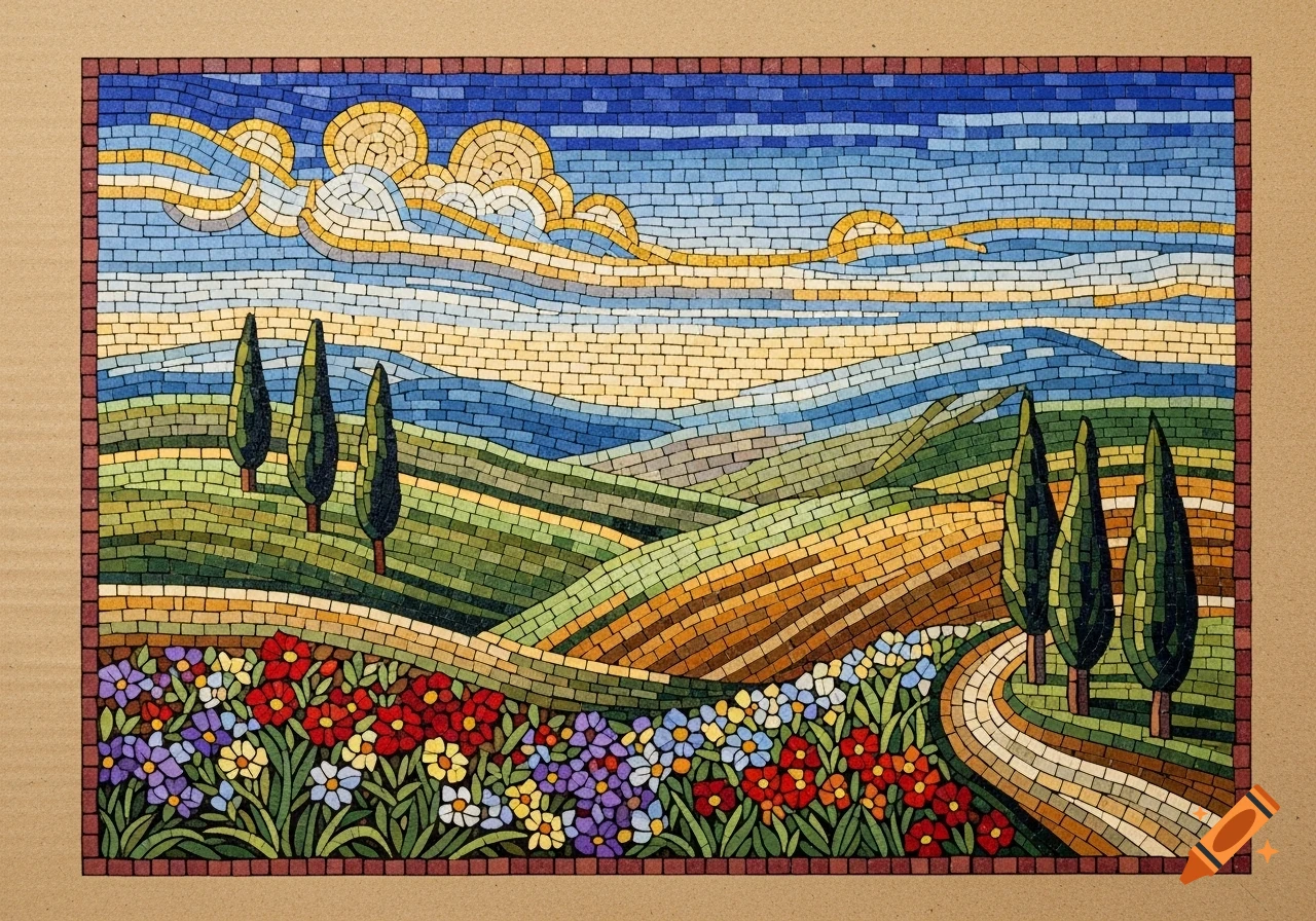 Vibrant mosaic landscape with rolling hills, cypress trees, colorful flowers, and a path, framed on cardboard.