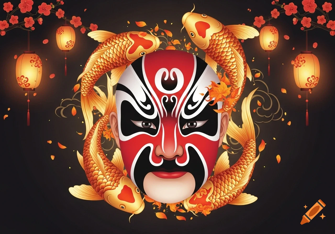 A stylized Chinese opera mask in red, black, and white, framed by two golden koi fish, with glowing lanterns and red cherry blossoms on a dark background.