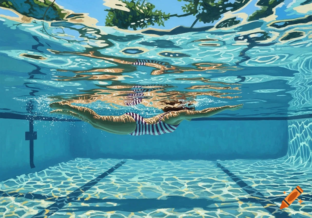 Vibrant painting of a woman swimming underwater in a striped swimsuit, seen from below, with light ripples reflecting on the surface and pool bottom.