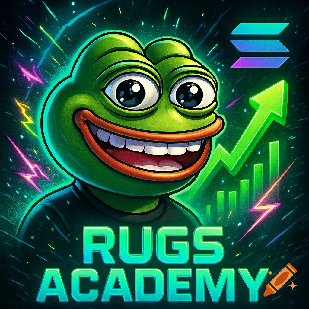 Smiling cartoon Pepe frog with a Solana logo, an upward crypto graph, and "RUGS ACADEMY" text in a neon green style.