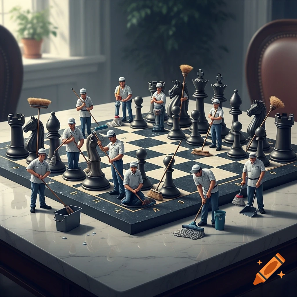 Photorealistic image of tiny janitors with mops and cleaning tools arranged as chess pieces on a large chessboard.