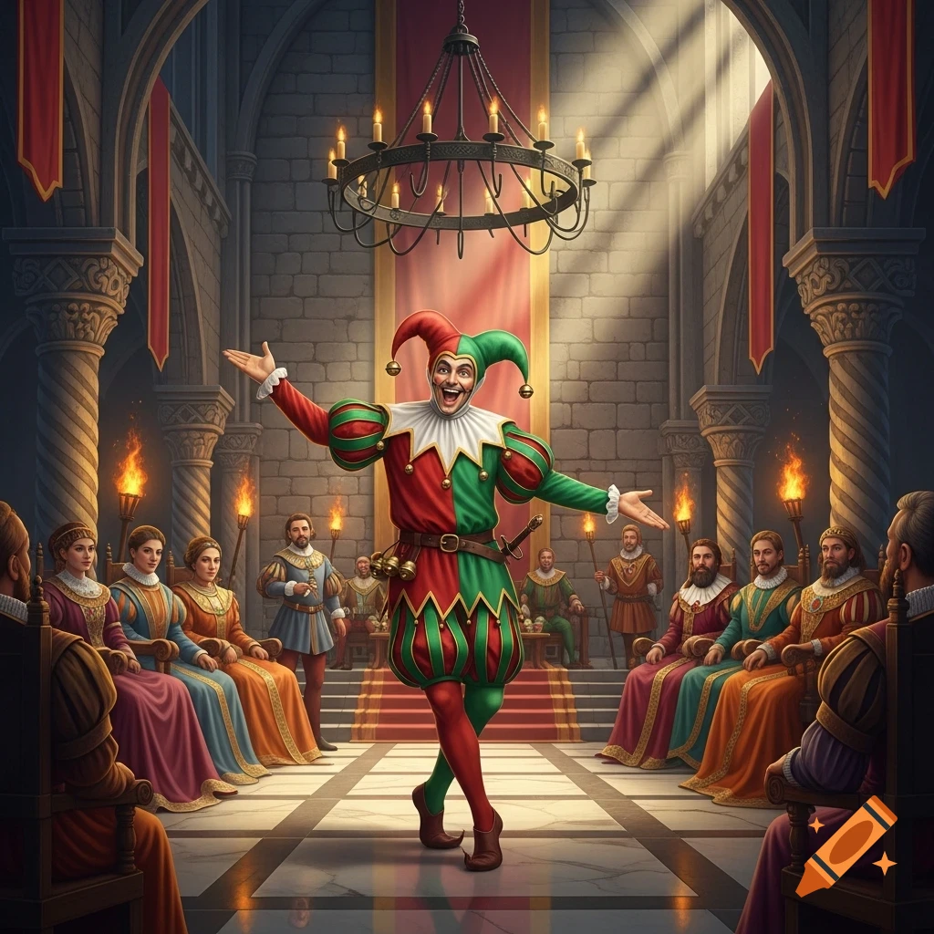 A medieval jester in a red and green costume performs in a castle hall before an audience of courtiers.