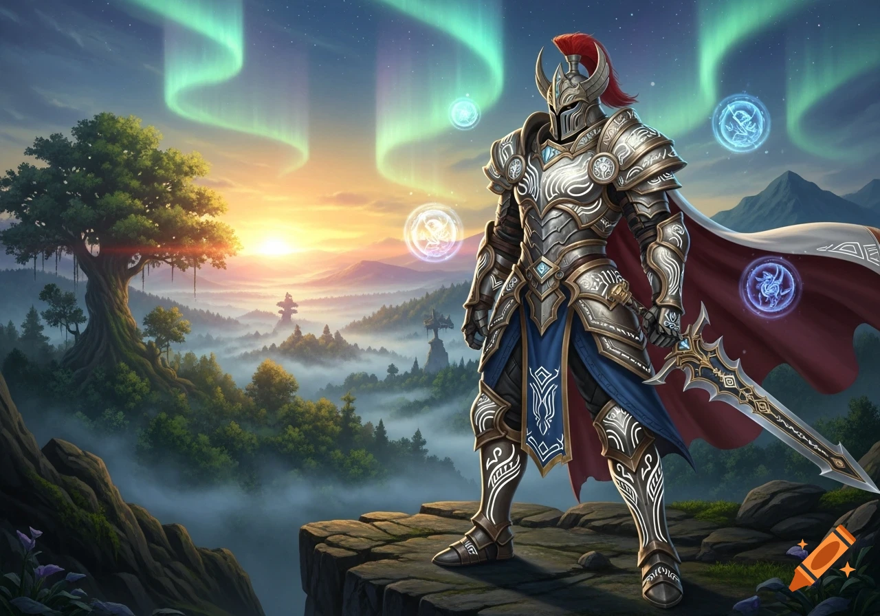 A majestic armored fantasy knight stands on a cliff overlooking a misty valley with a sunset and aurora borealis.