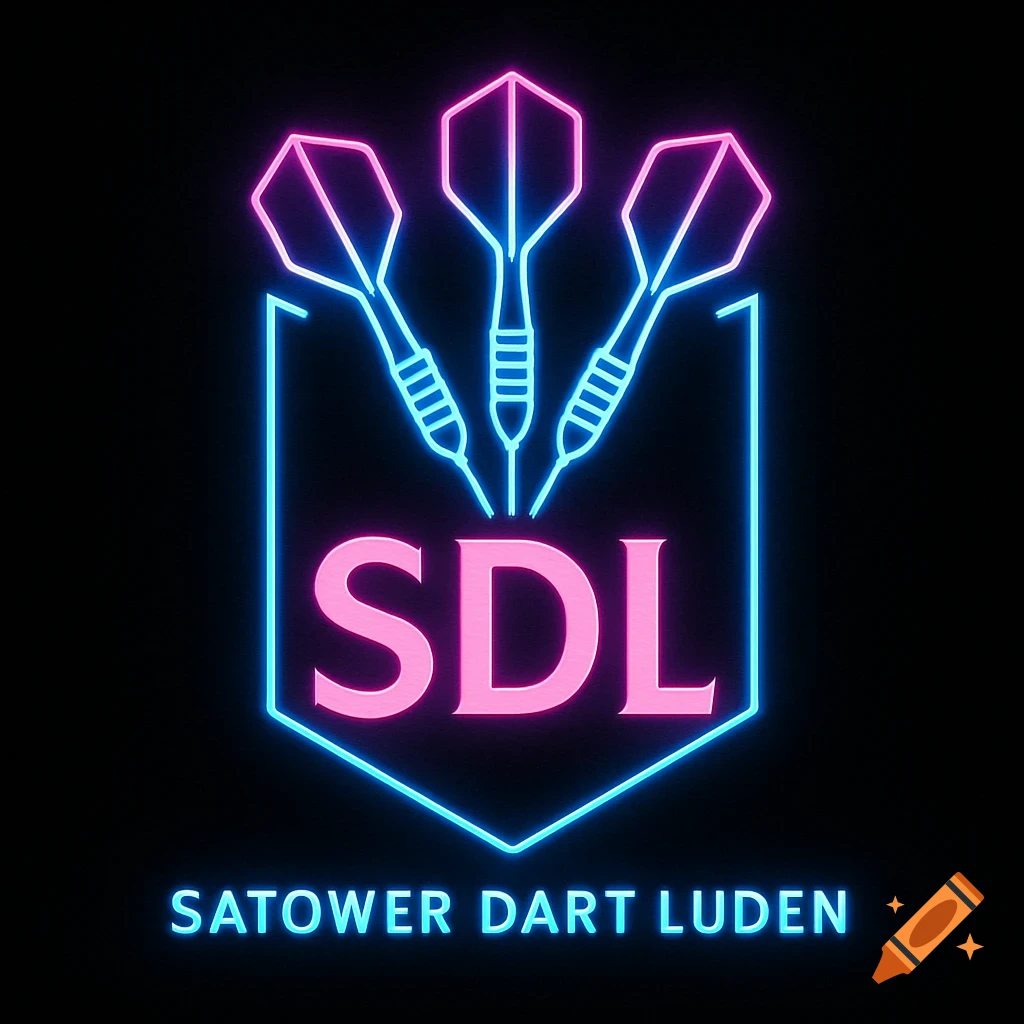 Neon logo for Satower Dart Luden (SDL) with three dart outlines in a shield shape, glowing pink and blue against a black background.