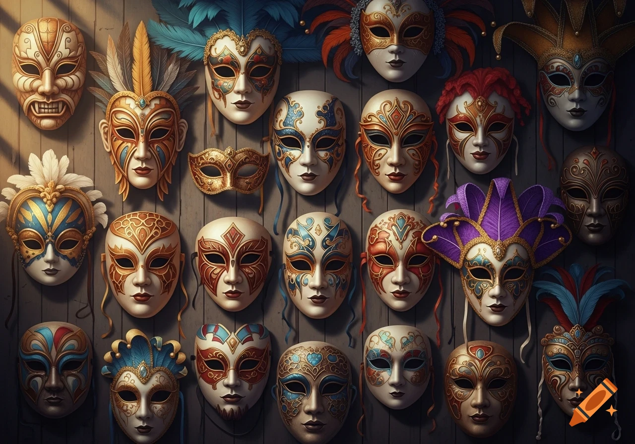 A collection of ornate, colorful masks with feathers and intricate patterns hanging on a rustic wooden wall.