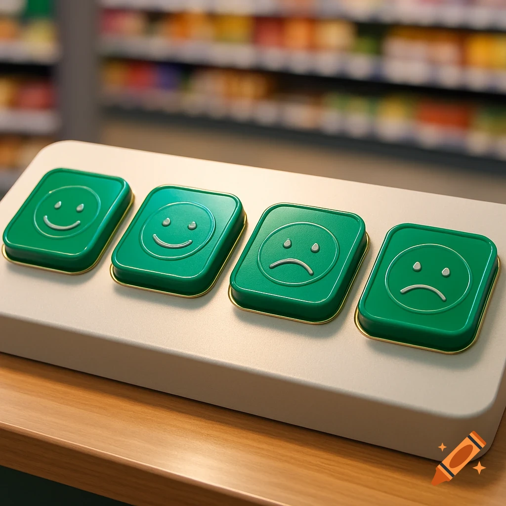 Four green customer feedback buttons, two with smiley faces and two with frowny faces, on a white panel in a supermarket aisle.