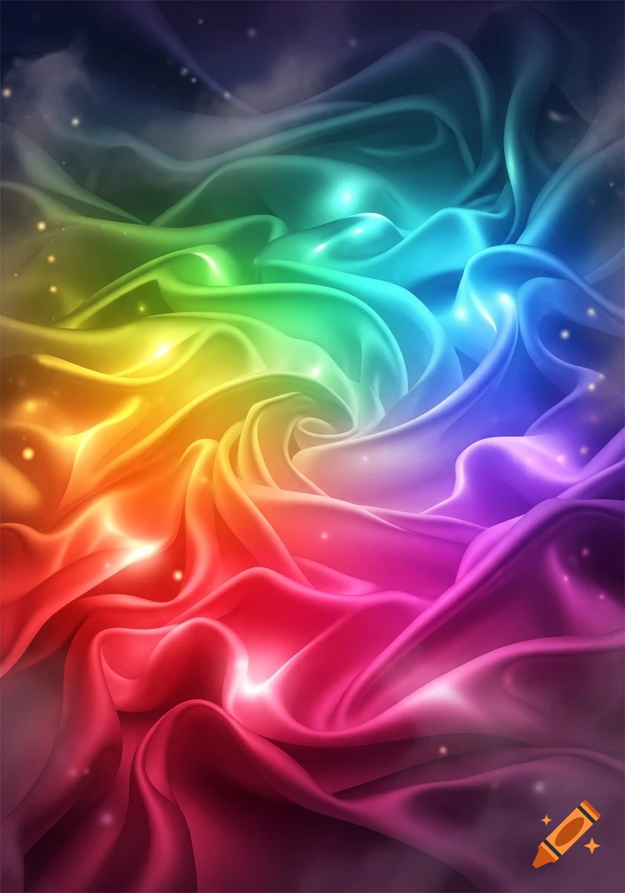 Wavy, iridescent fabric in a gradient of rainbow colors, with sparkling highlights.
