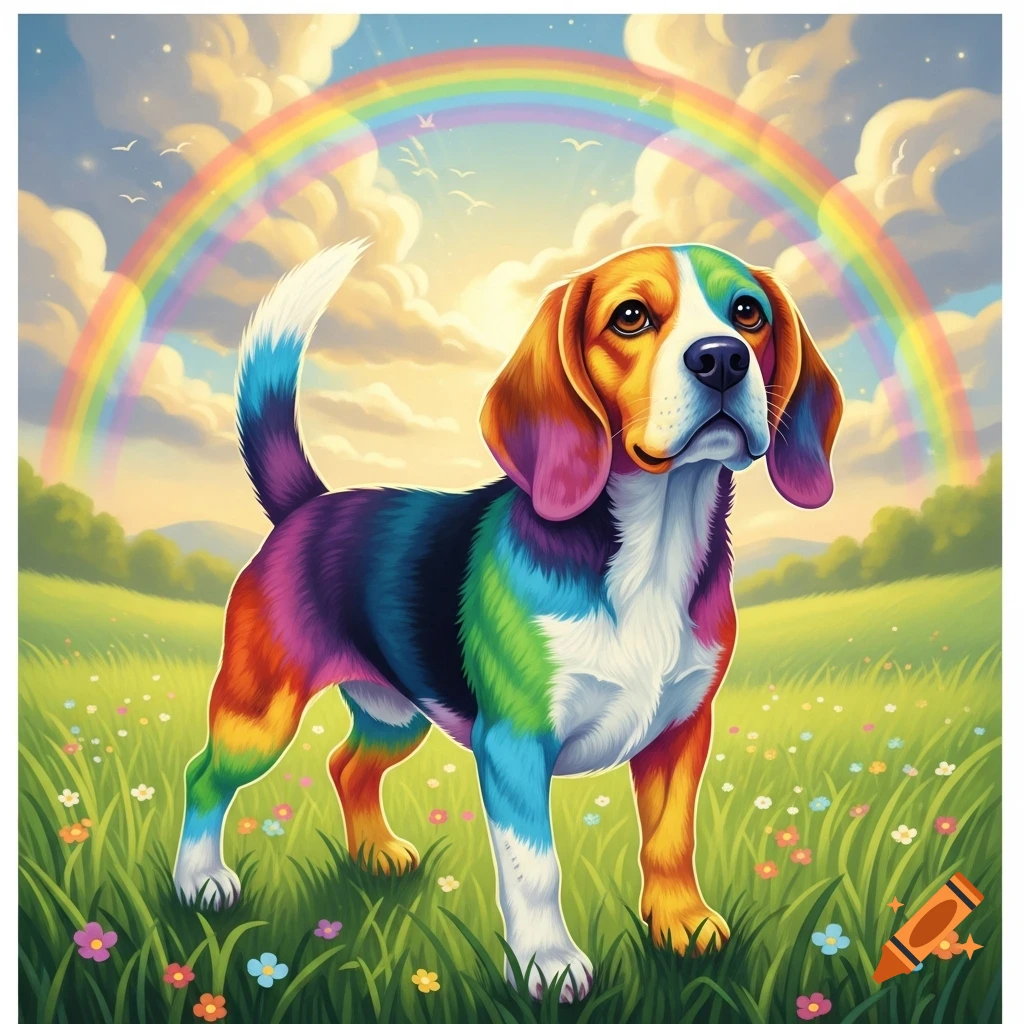 A colorful rainbow beagle dog stands in a sunny green field filled with wildflowers under a cloudy sky with a bright rainbow.