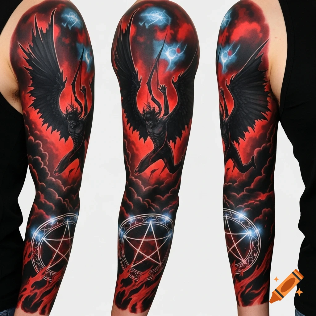 A full sleeve tattoo on an arm, depicting a dark, winged figure with horns falling through red and black clouds above a glowing white pentagram.