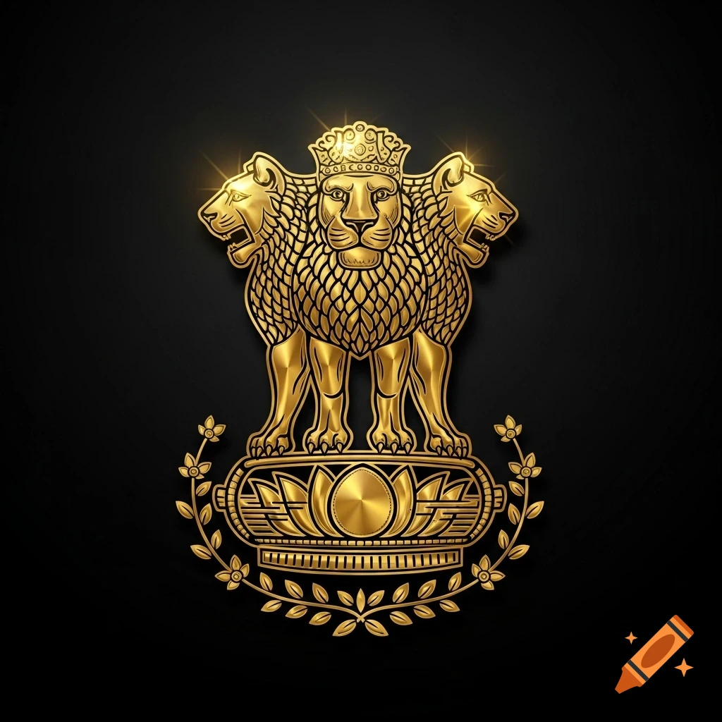 Metallic golden National Emblem of India, depicting three lions atop an abacus with a lotus, on a black background.