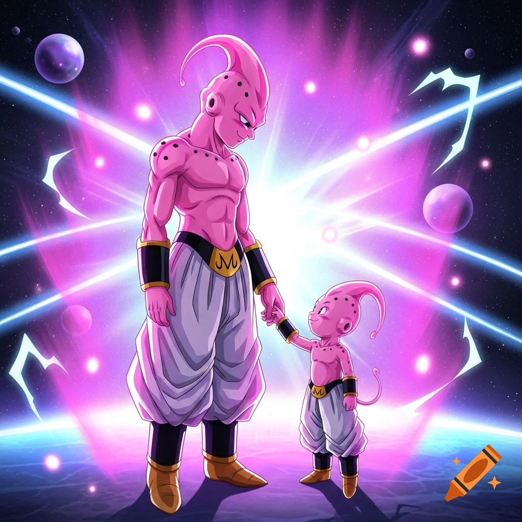 Super Buu and Kid Buu, from Dragon Ball Z, holding hands against a vibrant pink and purple cosmic background with planets.
