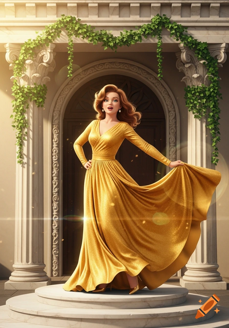 A woman in a shimmering golden gown poses in front of an ornate doorway with ivy, bathed in warm light.