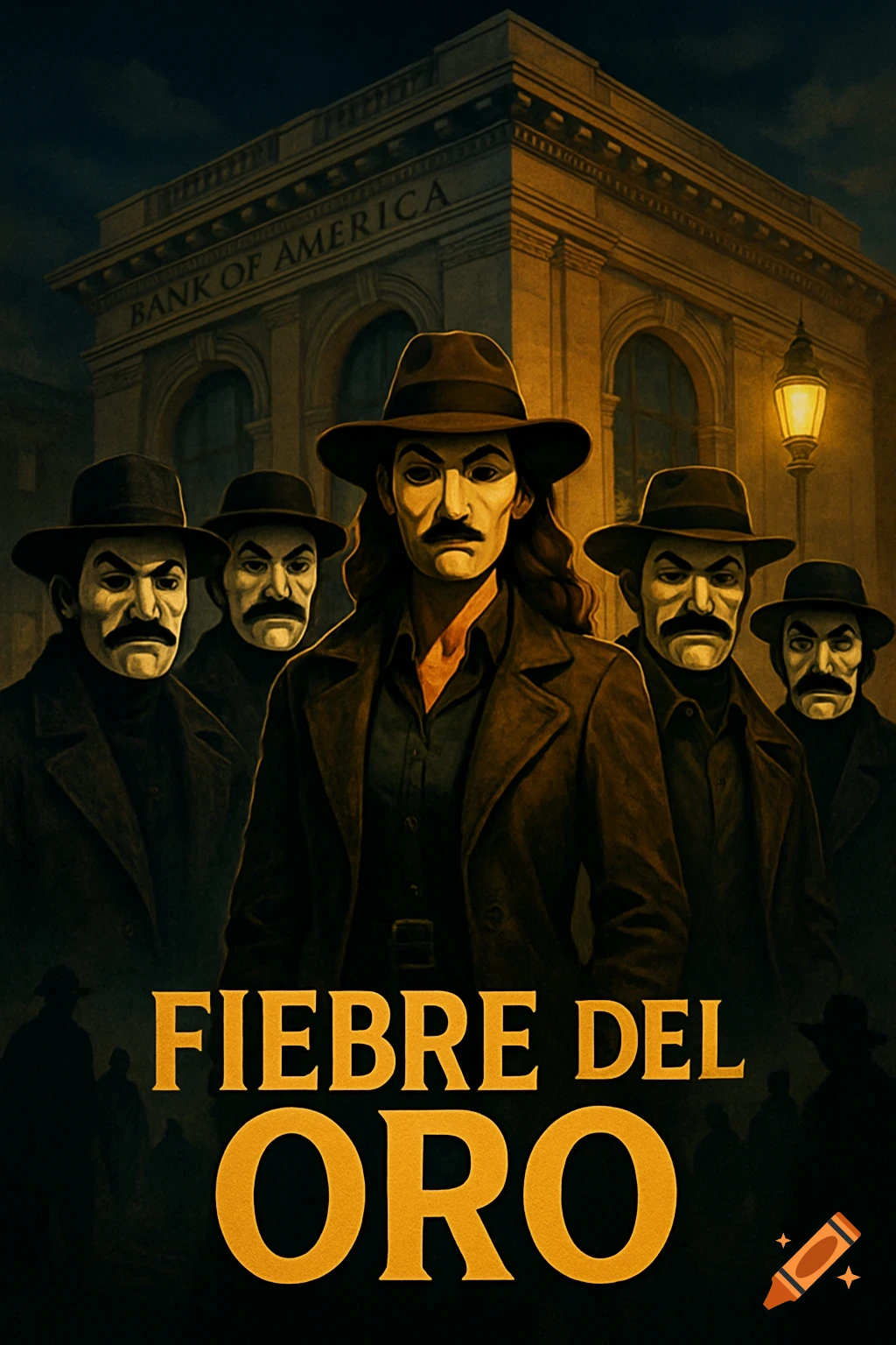 An illustrated poster features stylized men in fedoras and trench coats, with the text "FIEBRE DEL ORO" in front of a "BANK OF AMERICA" building at night.