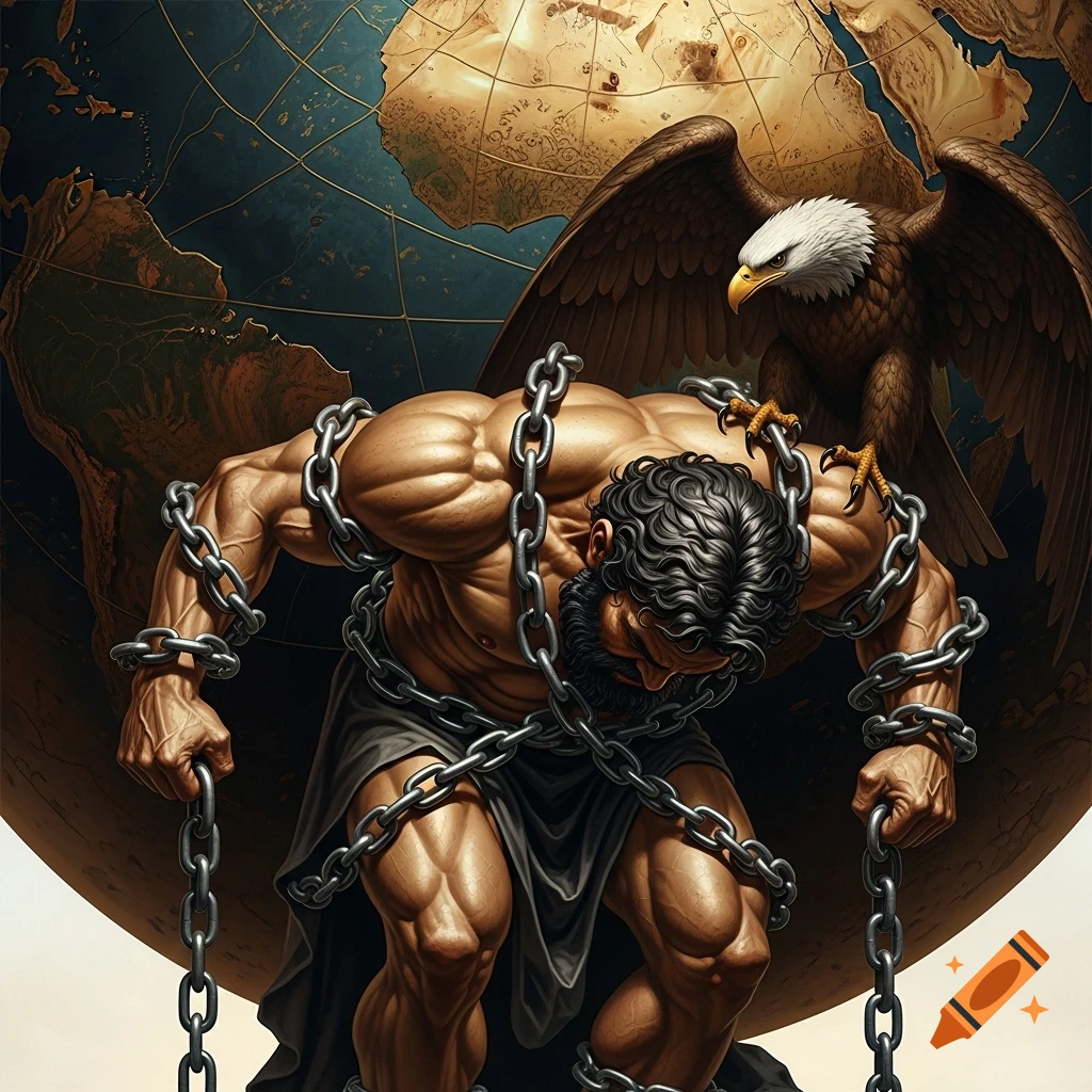 A muscular, chained man resembling Atlas and Prometheus, bent under a large globe, with an eagle perched on his shoulder. Dramatic lighting.