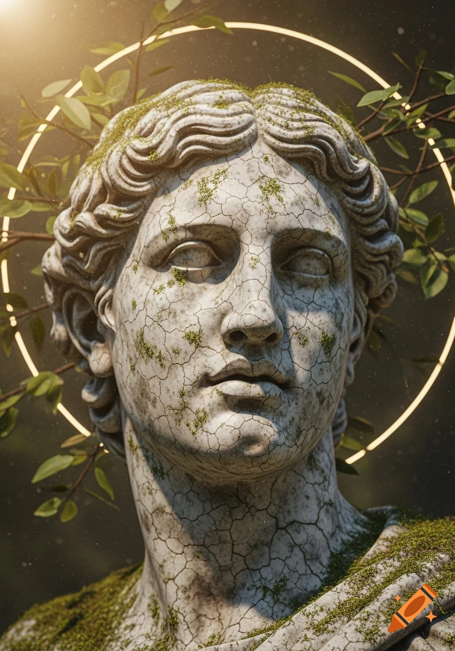 Close-up of a weathered stone statue head covered in moss and leaves, with a glowing golden halo.