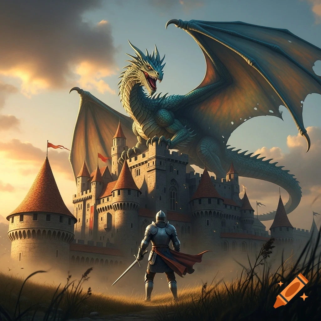 A knight stands before a large blue dragon perched on a medieval castle under a dramatic sunset sky.