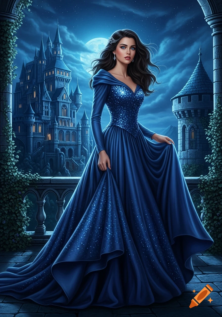A princess with dark hair and a sparkling blue gown stands on a balcony, with a grand castle under a full moon in the background.