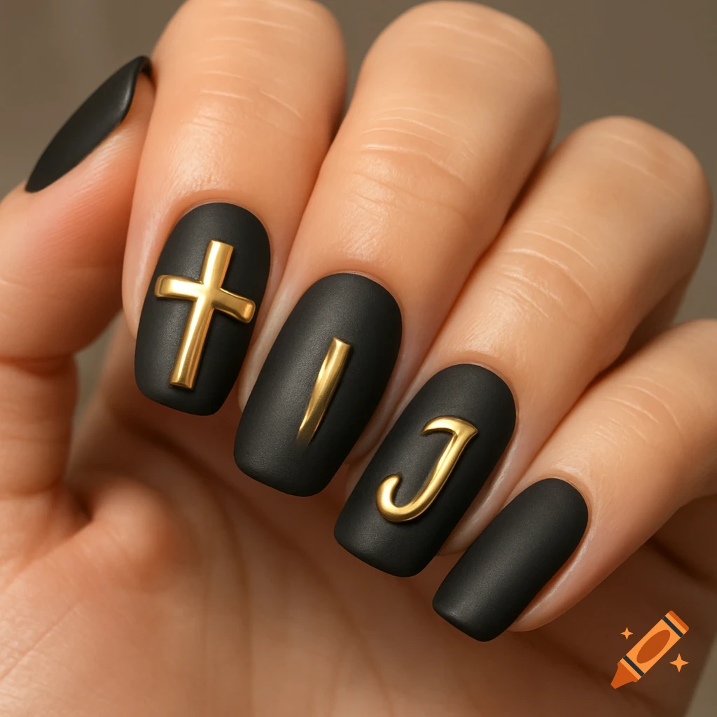 Close-up of a hand with matte black nails, one featuring a golden cross and another a golden letter 'J'.