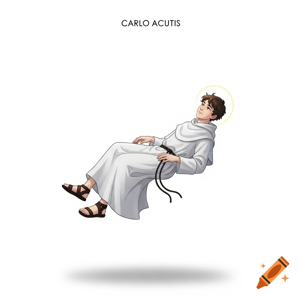 Anime illustration of Saint Carlo Acutis with a halo, wearing a white habit and sandals, floating on a white background.