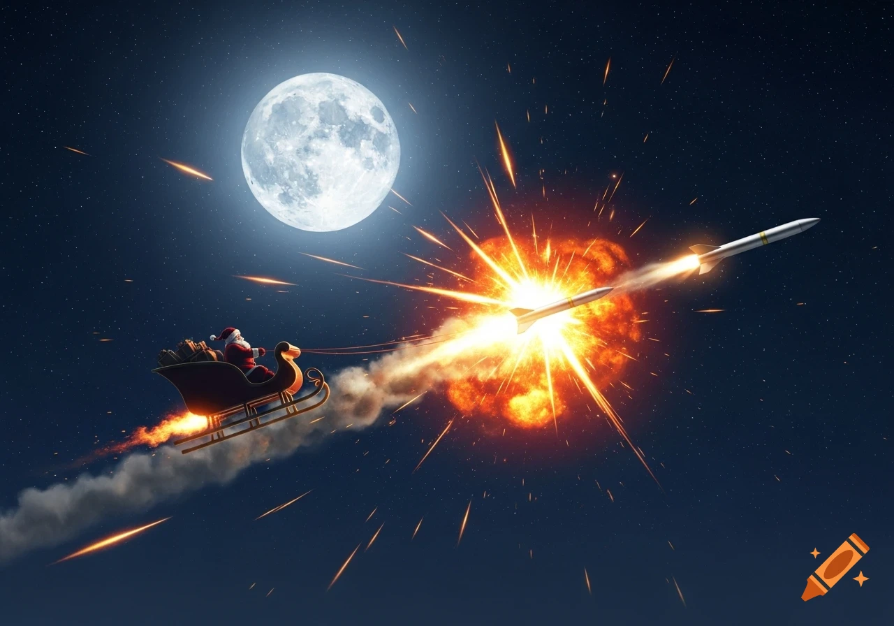 Santa's sleigh, hit by a missile, explodes in a starry night sky under a full moon, with fiery trails.