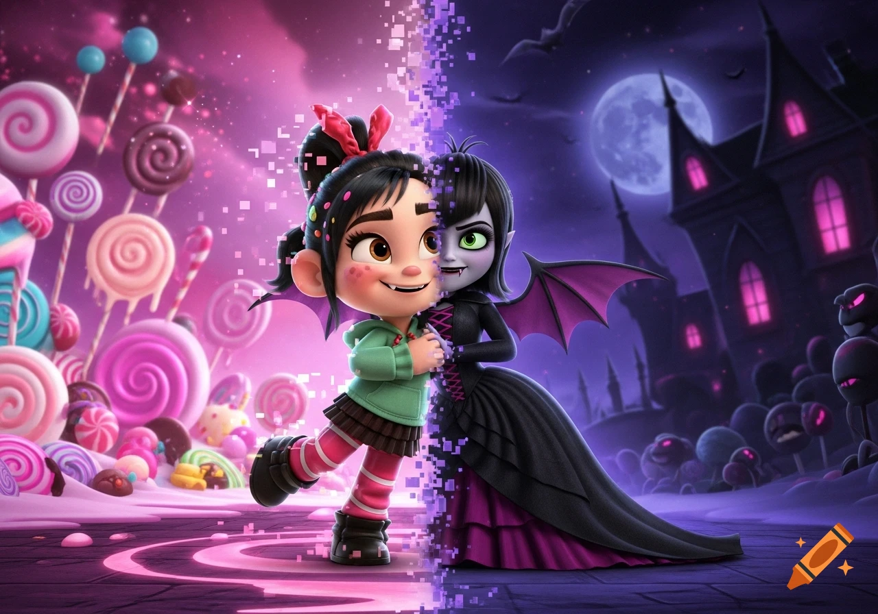 Animated Vanellope von Schweetz transforming into Mavis Dracula, split between a pink candy land and a purple gothic castle at night.
