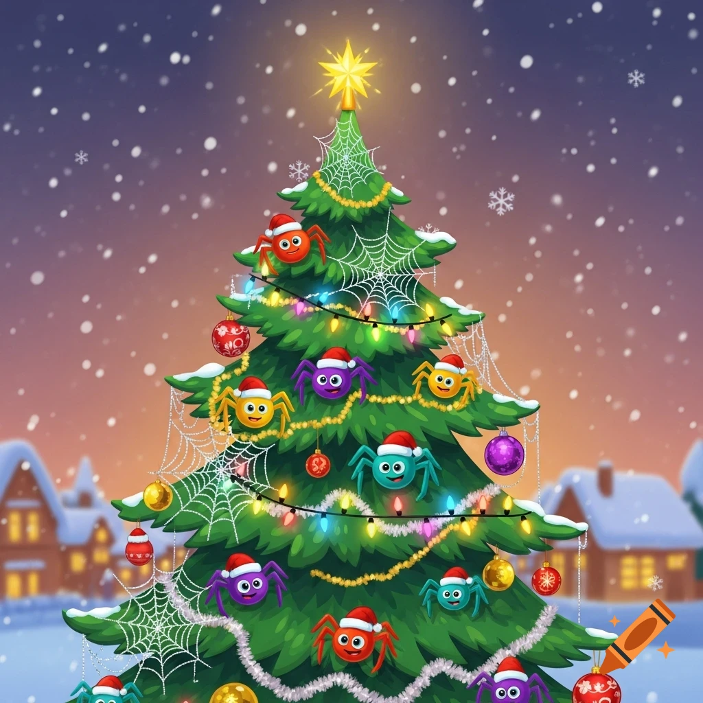 A cartoon Christmas tree decorated with colorful spiders wearing Santa hats, spider webs, lights, and ornaments, set against a snowy winter village background.
