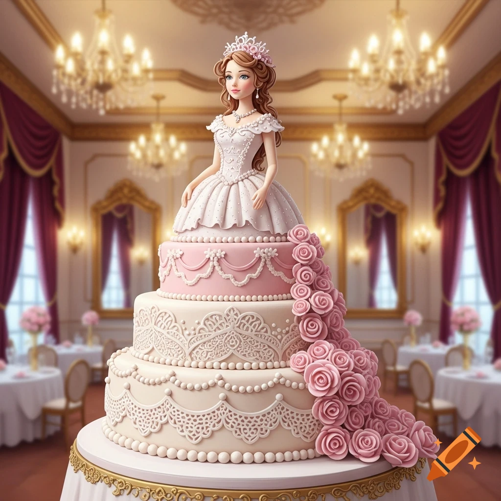 A multi-tiered princess doll cake with pink roses and lace decorations, set in a grand room with chandeliers.