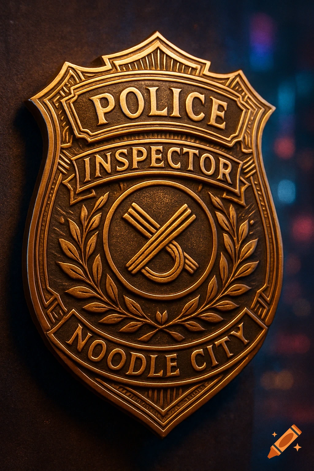 A close-up of a gold police inspector badge for 'Noodle City', featuring intricate details and a crossed noodle symbol.