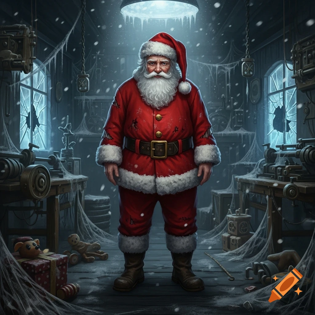 A slightly disheveled Santa Claus stands in a cold, abandoned workshop with broken windows, snow, cobwebs, and neglected toys.
