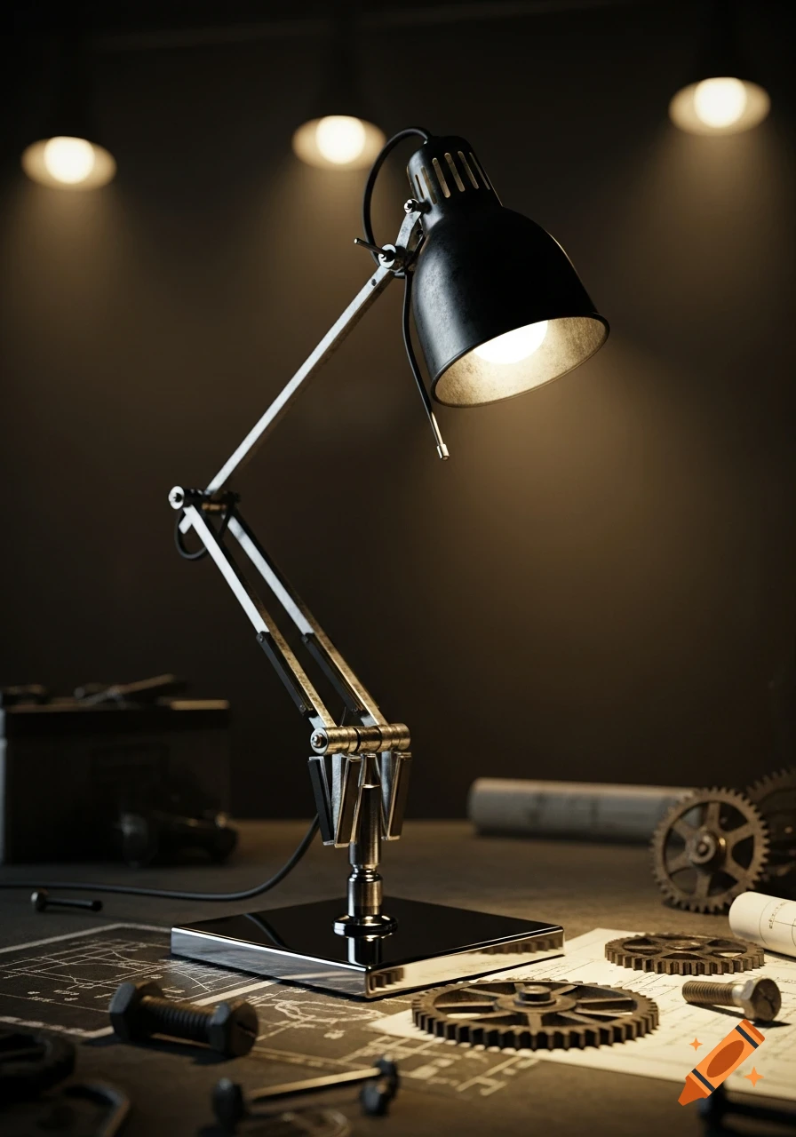 A photorealistic black Anglepoise-style desk lamp illuminates a desk covered with blueprints, metallic gears, and a large bolt.