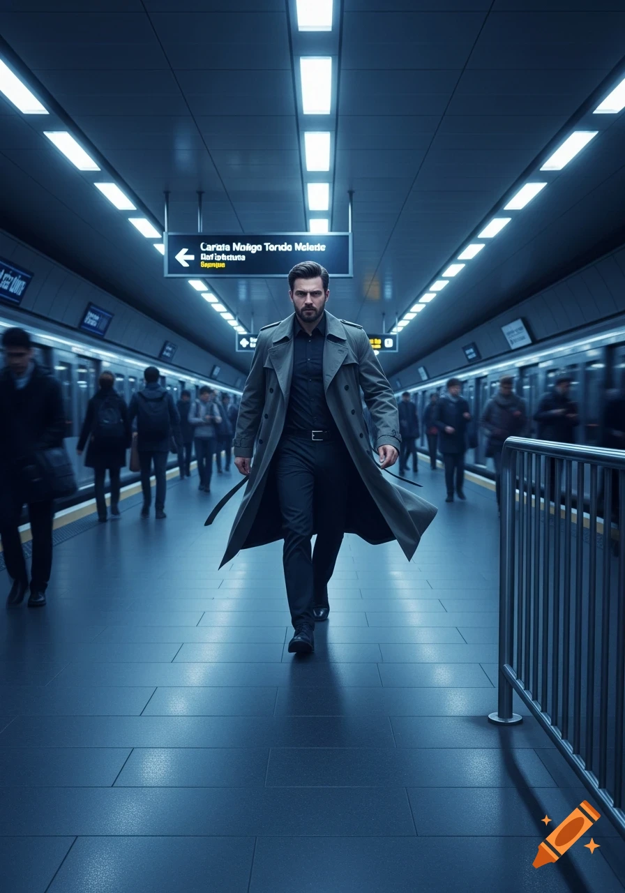 A man in a trench coat walks through a cool blue-toned, motion-blurred metro station with commuters, looking seriously at the camera.
