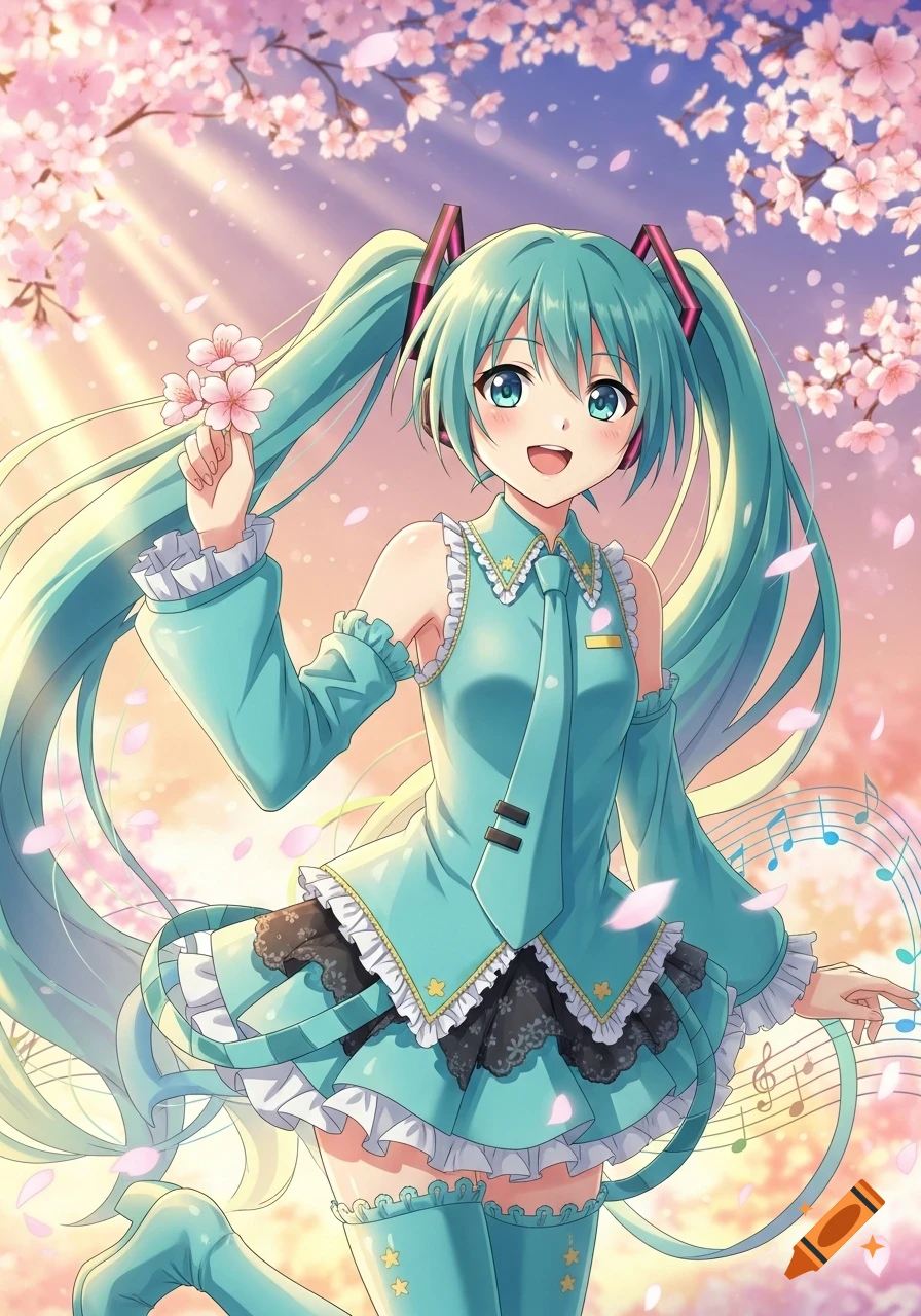 Vibrant anime illustration of Hatsune Miku smiling under cherry blossoms with musical notes and sun rays.