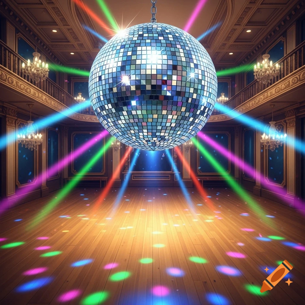 A shiny disco ball hangs in a grand ballroom, reflecting colorful laser lights onto the wooden floor and ornate walls.