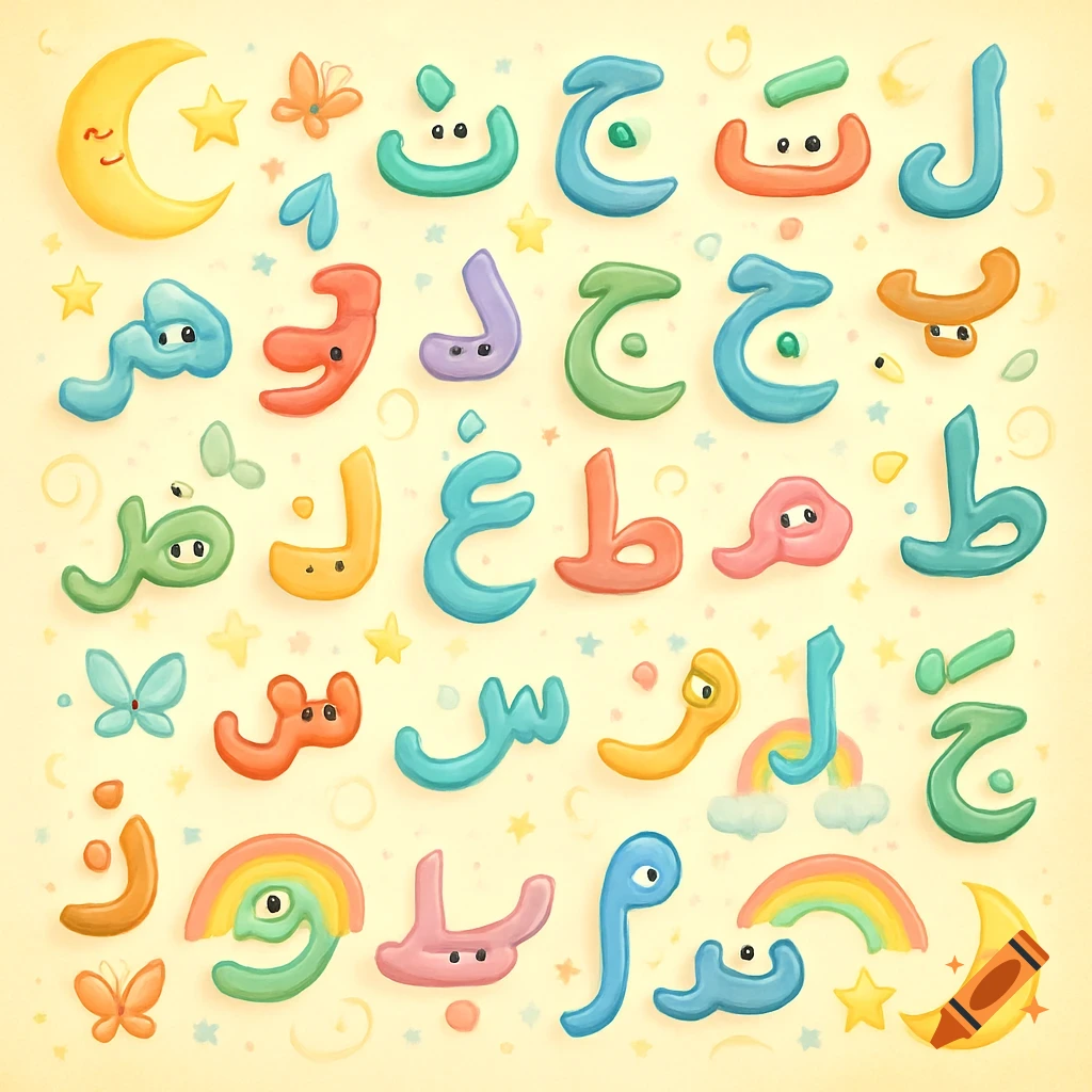 A colorful, cute illustration of Arabic alphabet letters with smiling faces, stars, moons, and butterflies on a pale yellow background.