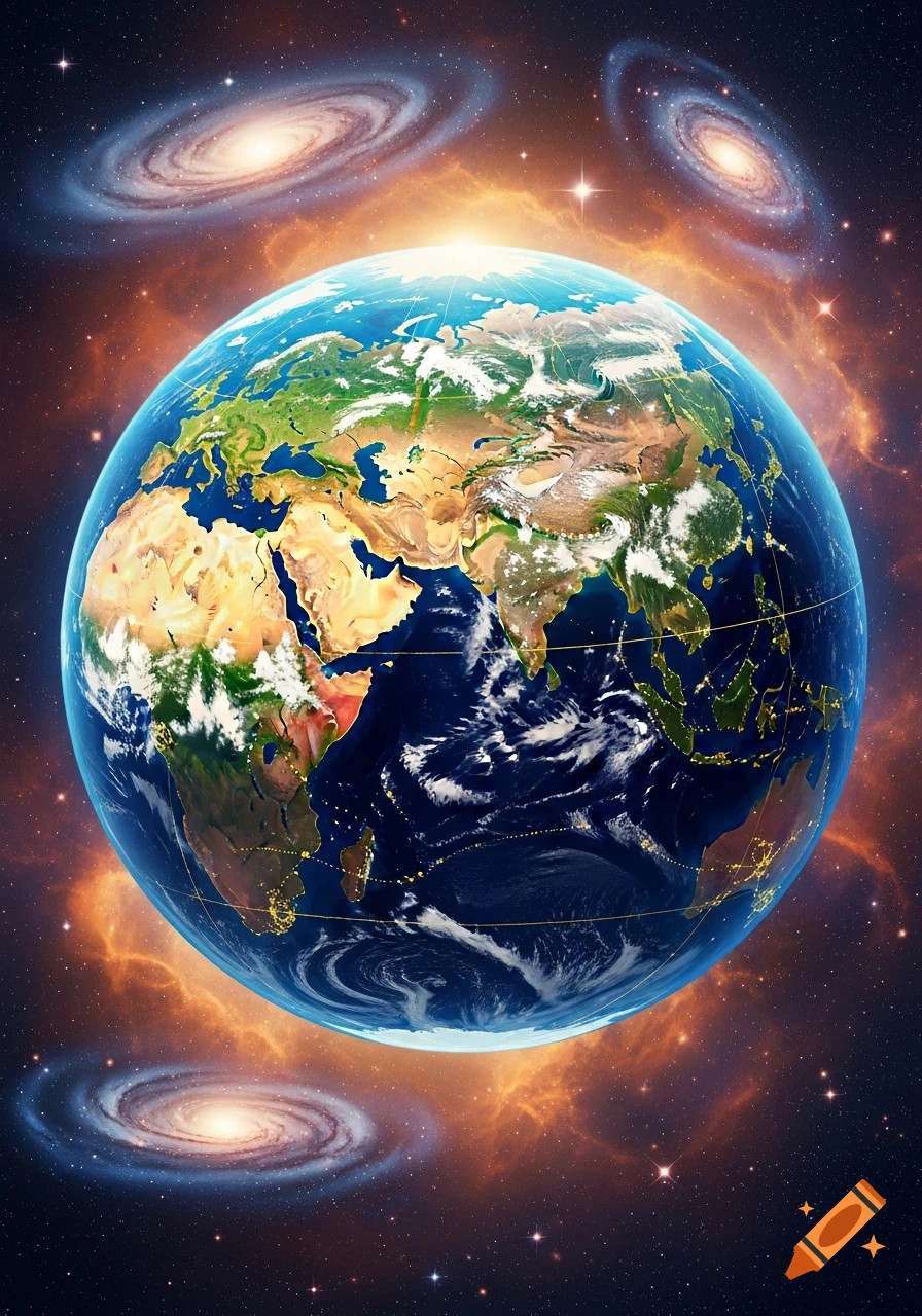 Vibrant view of Earth from space, surrounded by glowing nebulae, stars, and swirling spiral galaxies.