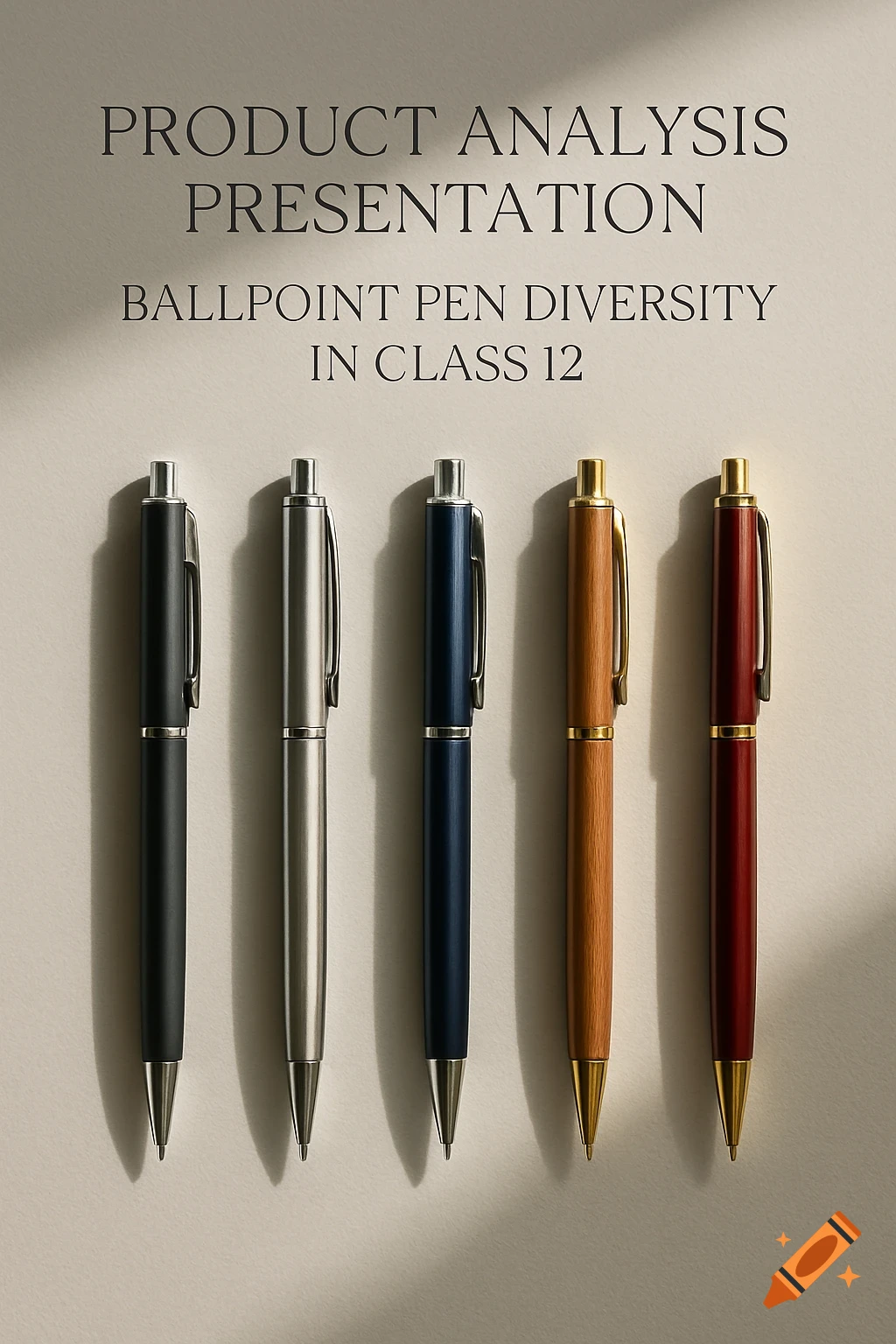 Five ballpoint pens in black, silver, blue, wood, and red colors are neatly arranged below text for a 'Product Analysis Presentation'.