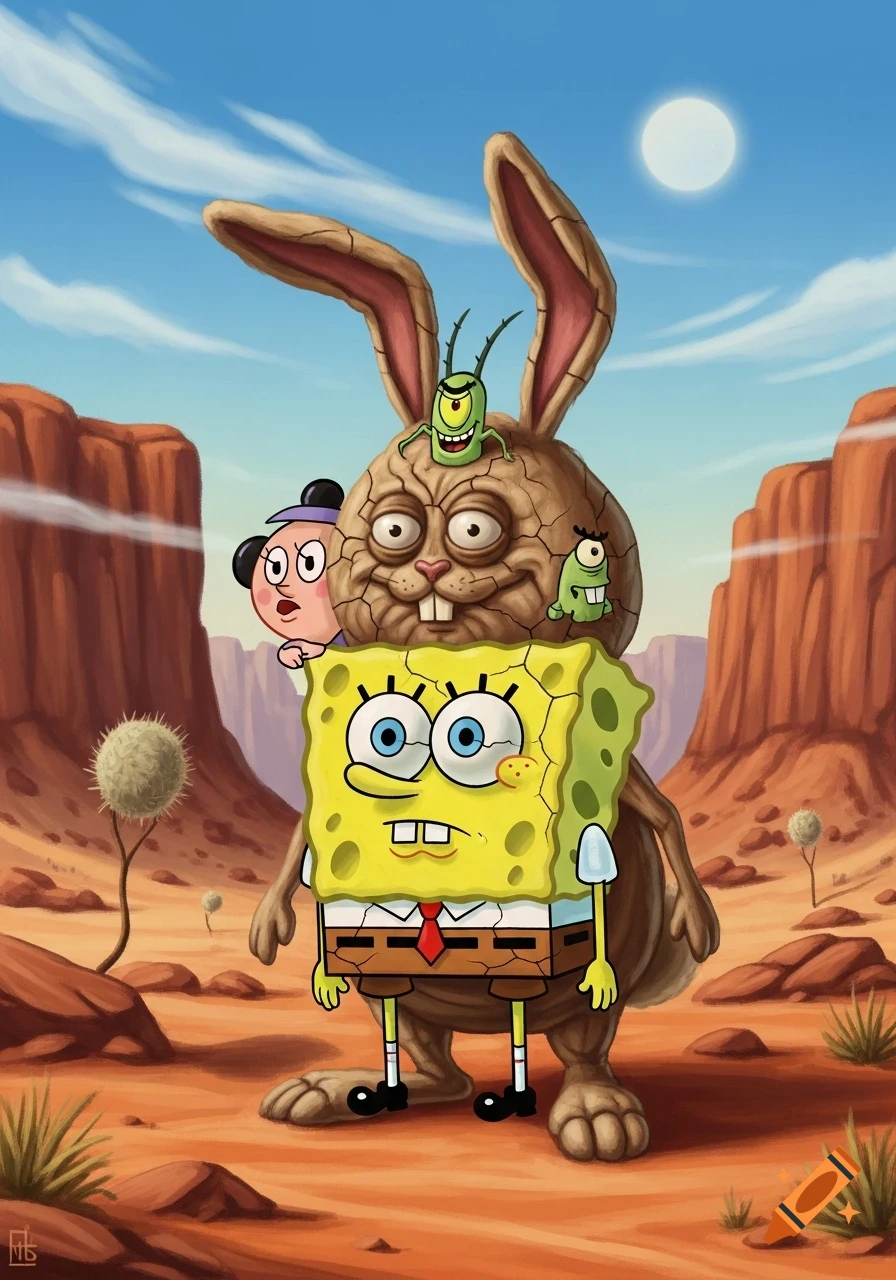 Spongebob Squarepants with a cracked, ugly rabbit-like upper body, standing in a desert with mesas. Plankton and Mrs. Puff are on the rabbit's head.