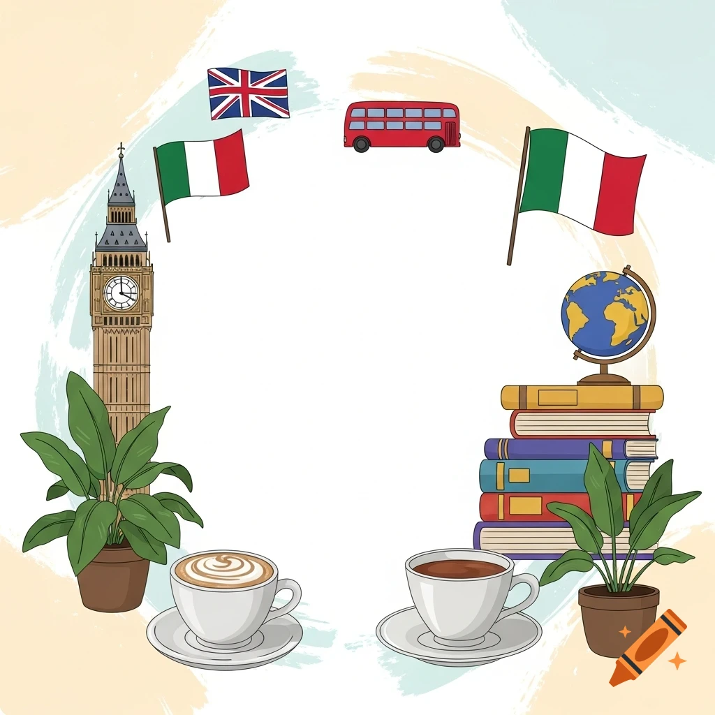 A minimalist illustration with British and Italian cultural symbols, books, and coffee. Big Ben, flags, a red bus, a globe, and potted plants frame a central empty space.