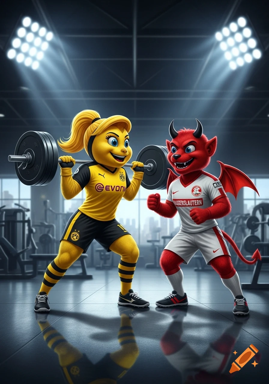 A cartoon bee mascot and a cartoon red devil mascot lift weights in a gym.