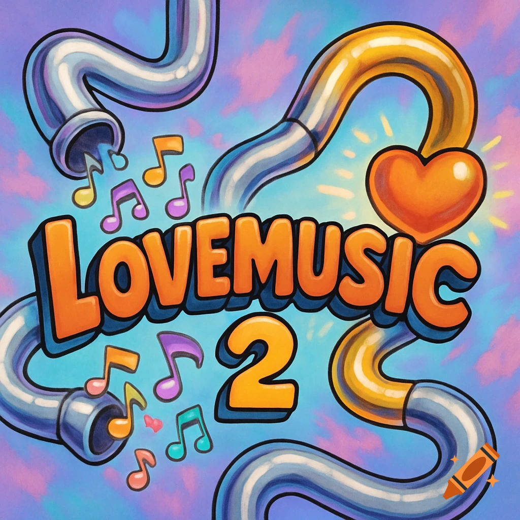 Cartoon album cover featuring "LOVEMUSIC 2" text, pipes, musical notes, and a heart on a cloudy sky background.
