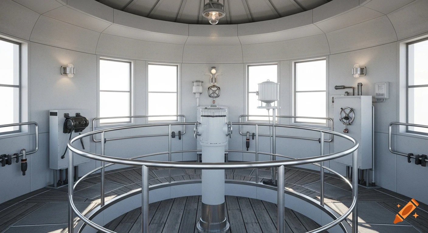 Photorealistic interior of a modern, circular lighthouse watchtower with white walls, metal railings, and a central console, bathed in soft daylight.