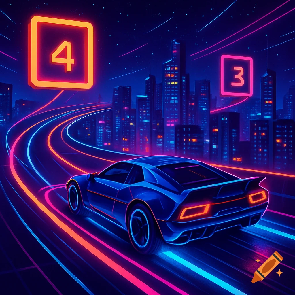 A blue sports car drives on a glowing road through a neon synthwave cityscape at night, with glowing numbers '4' and '3' in the sky.