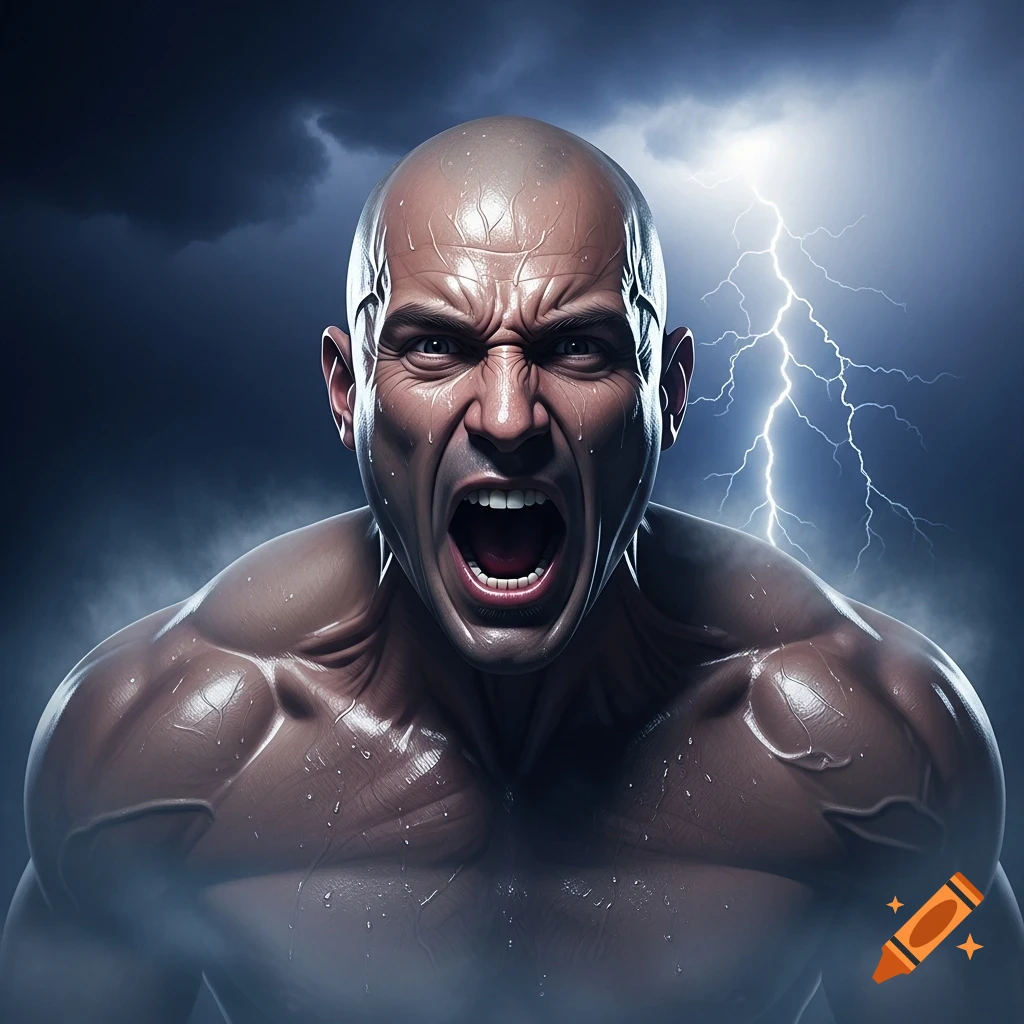 A bald, muscular man screams with intense emotion, sweat on his face, against a dark, stormy sky with bright lightning. Photorealistic style.